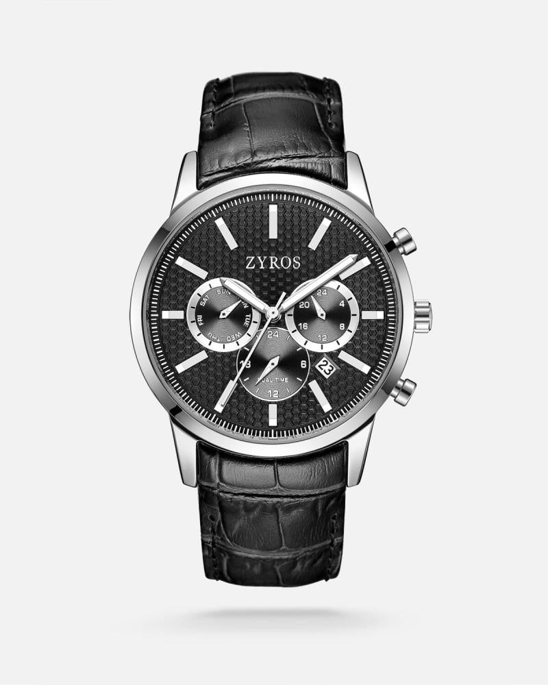 ساعة رجالية بحزام جلدي أسود