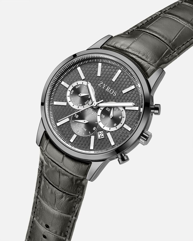 ساعة رجالية بحزام جلدي رمادي