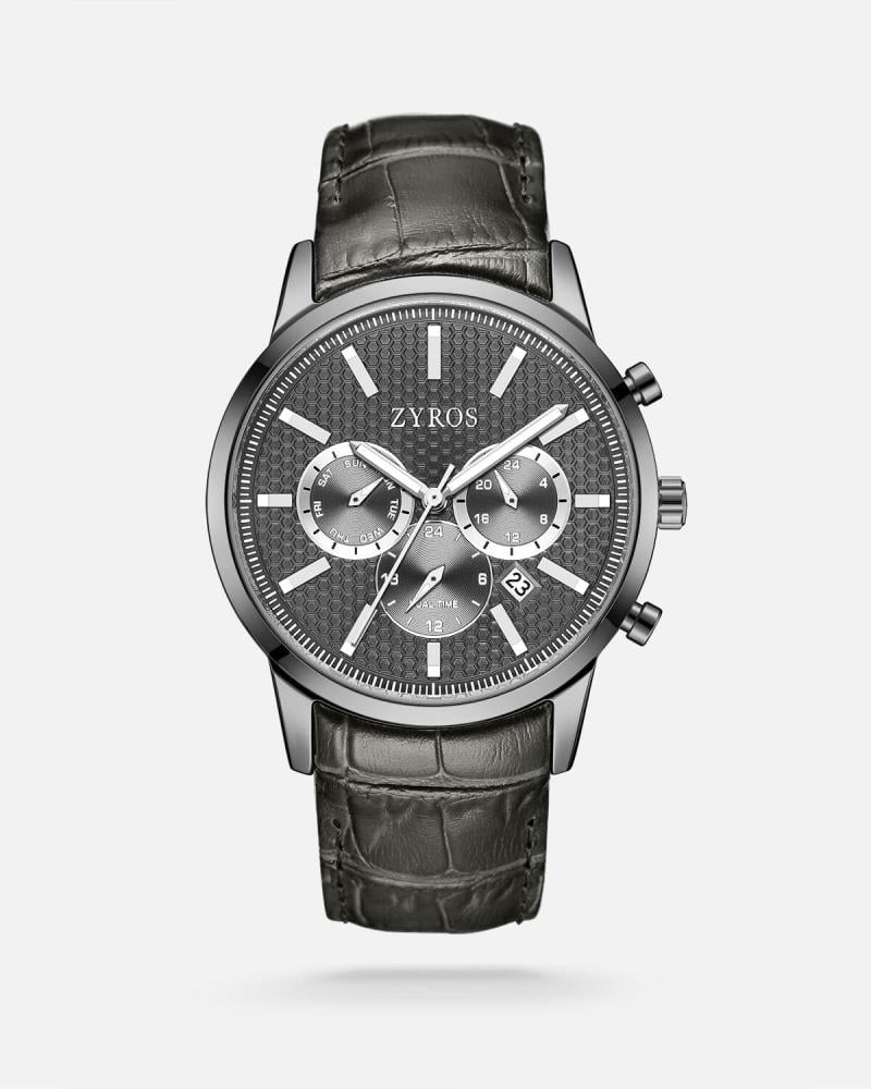 ساعة رجالية بحزام جلدي رمادي