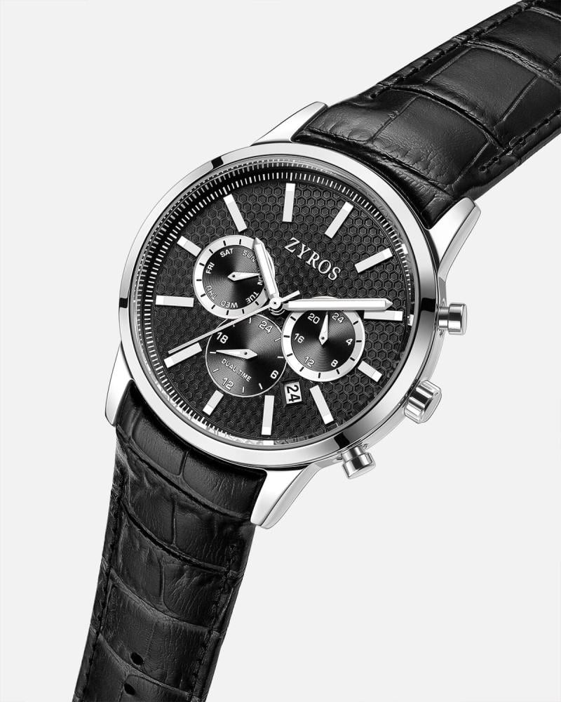 ساعة رجالية بحزام جلدي أسود